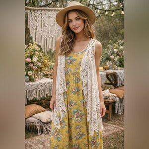April Cornell Floral Maxi Dress + Lace Vest | Medium | Boho Cottagecore